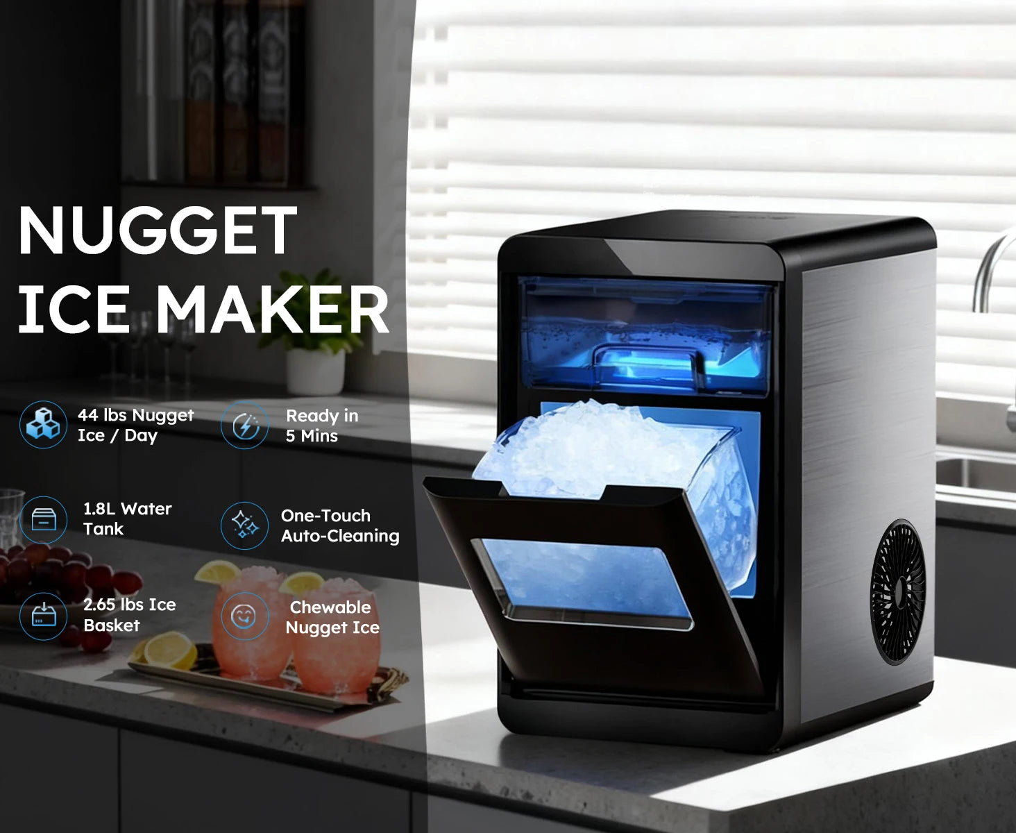 Nugget Ice Maker Countertop with Self-Cleaning