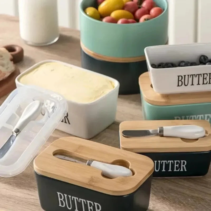 Ceramic Butter Dish with Bamboo Lid & Knife