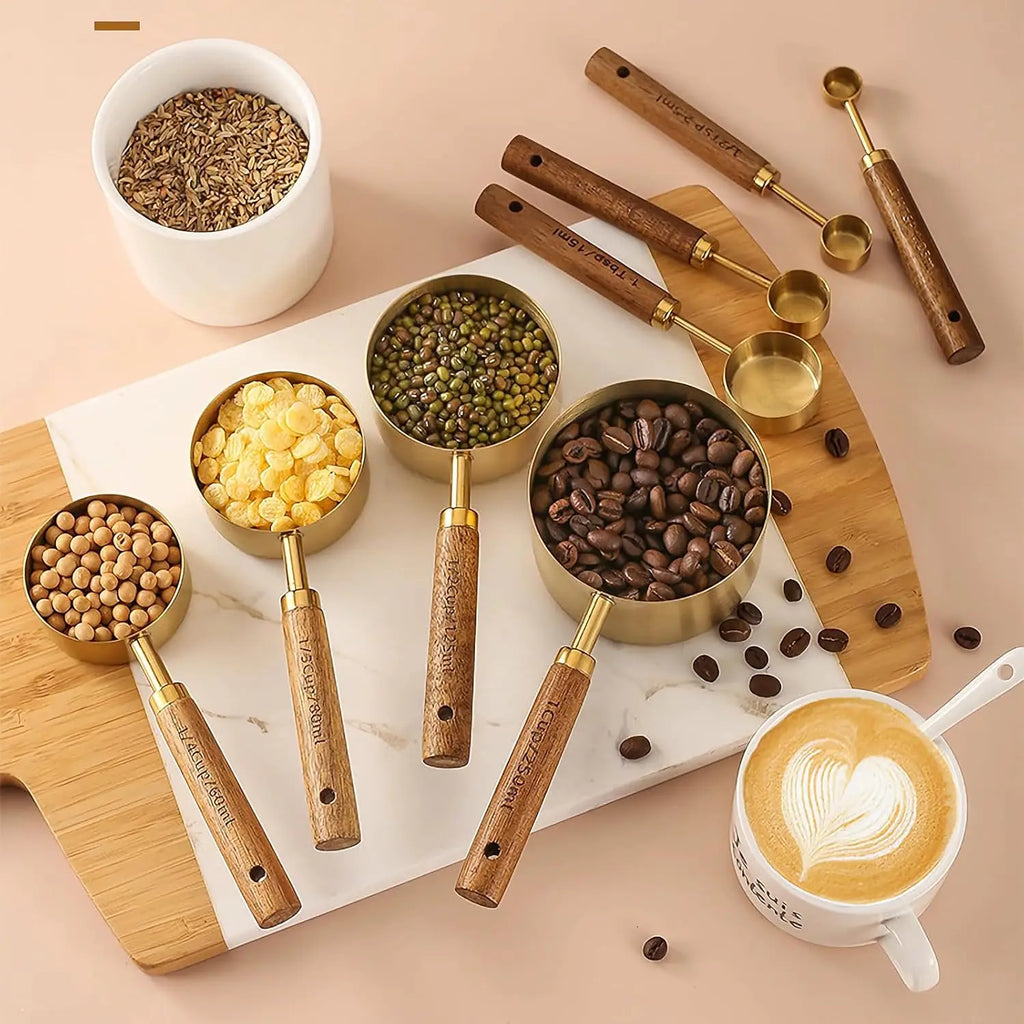 Gold Stainless Steel Measuring Cups and Spoons Set with Walnut Wood Handles