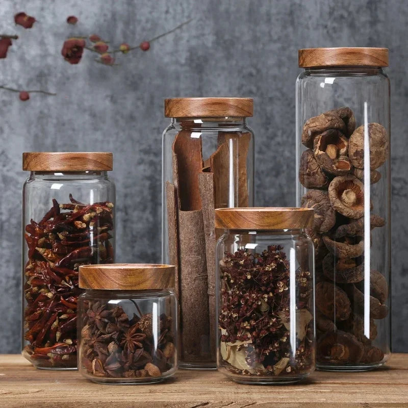Glass Pantry Storage Jar Set with Airtight Wooden Lids