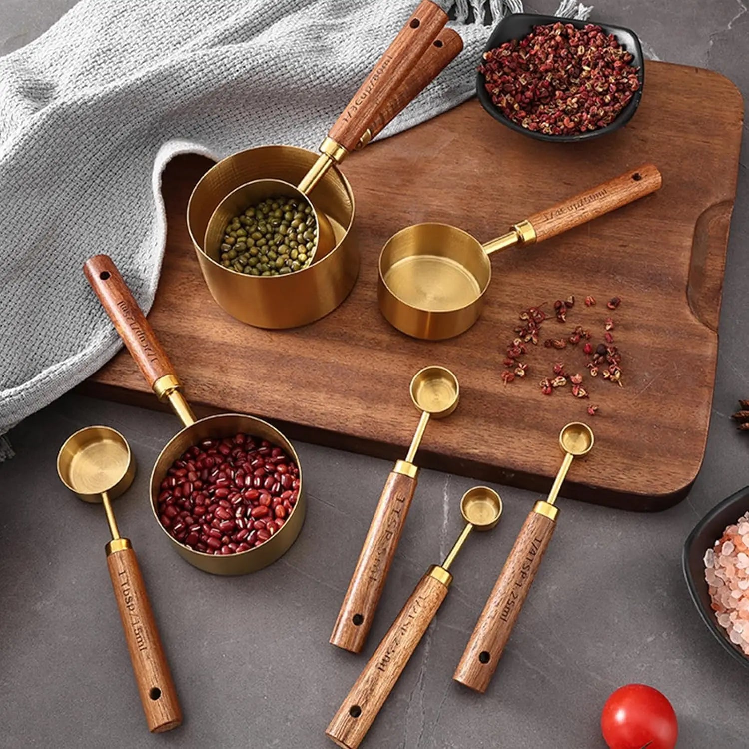 Gold Stainless Steel Measuring Cups and Spoons Set with Walnut Wood Handles