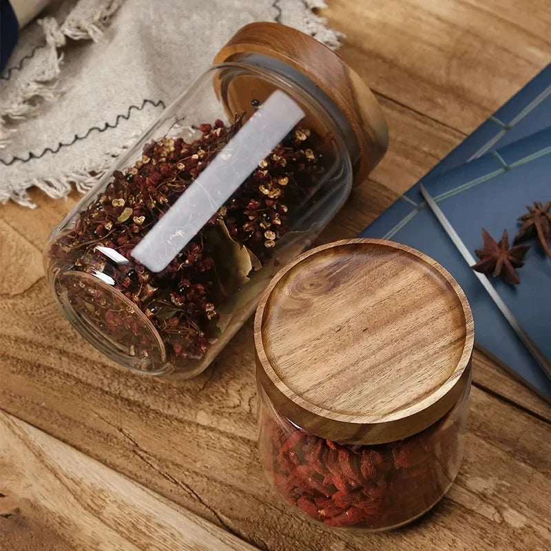 Glass Pantry Storage Jar Set with Airtight Wooden Lids