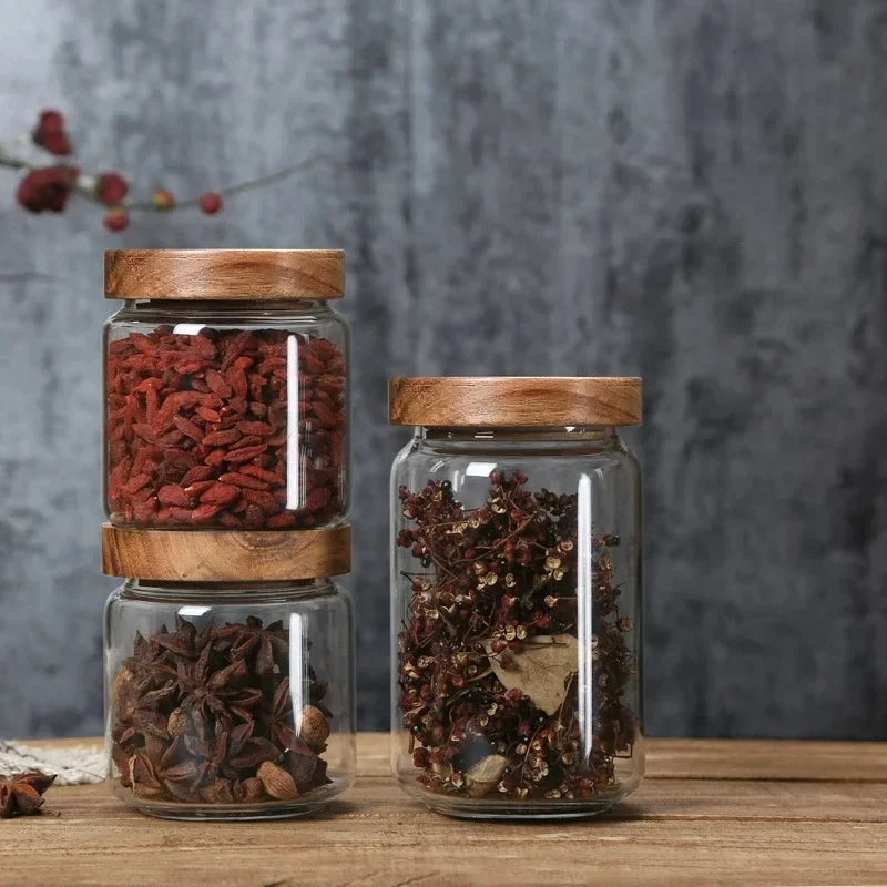 Glass Pantry Storage Jar Set with Airtight Wooden Lids