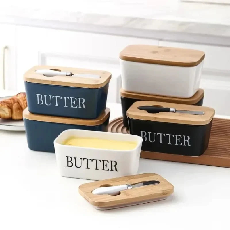 Ceramic Butter Dish with Bamboo Lid & Knife