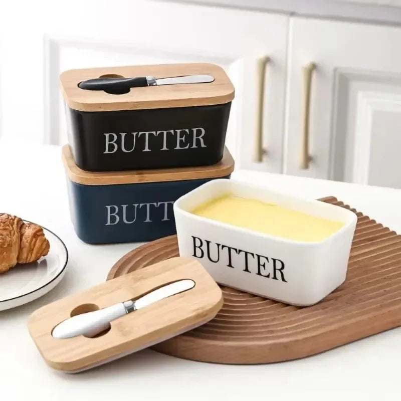 Ceramic Butter Dish with Bamboo Lid & Knife