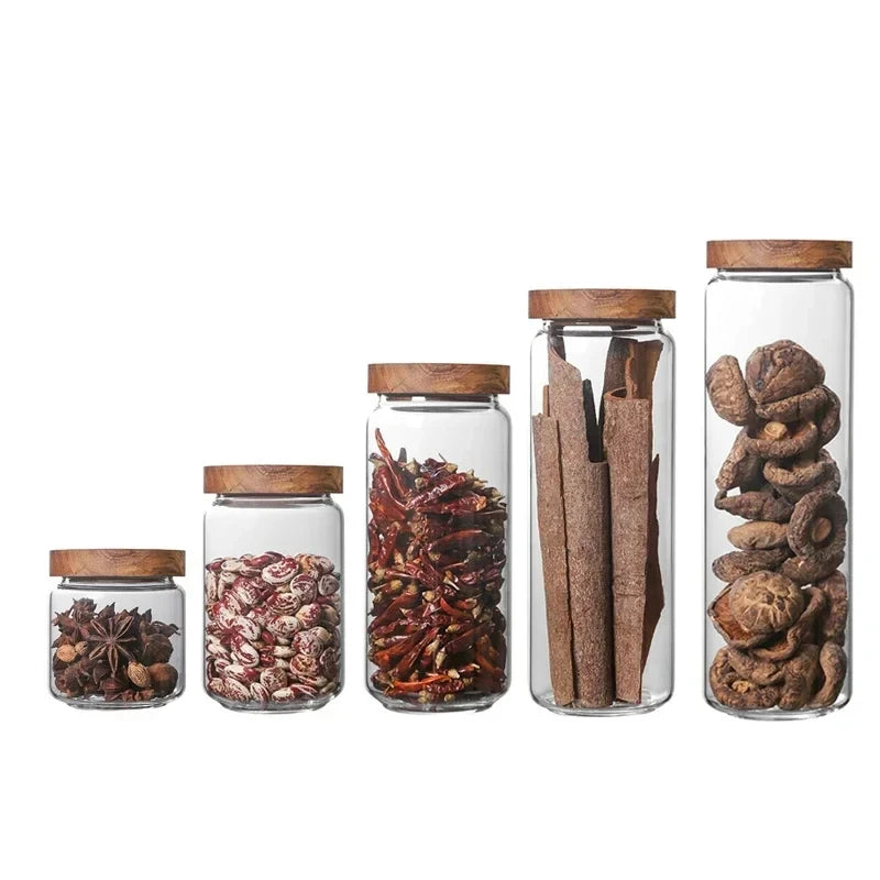 Glass Pantry Storage Jar Set with Airtight Wooden Lids