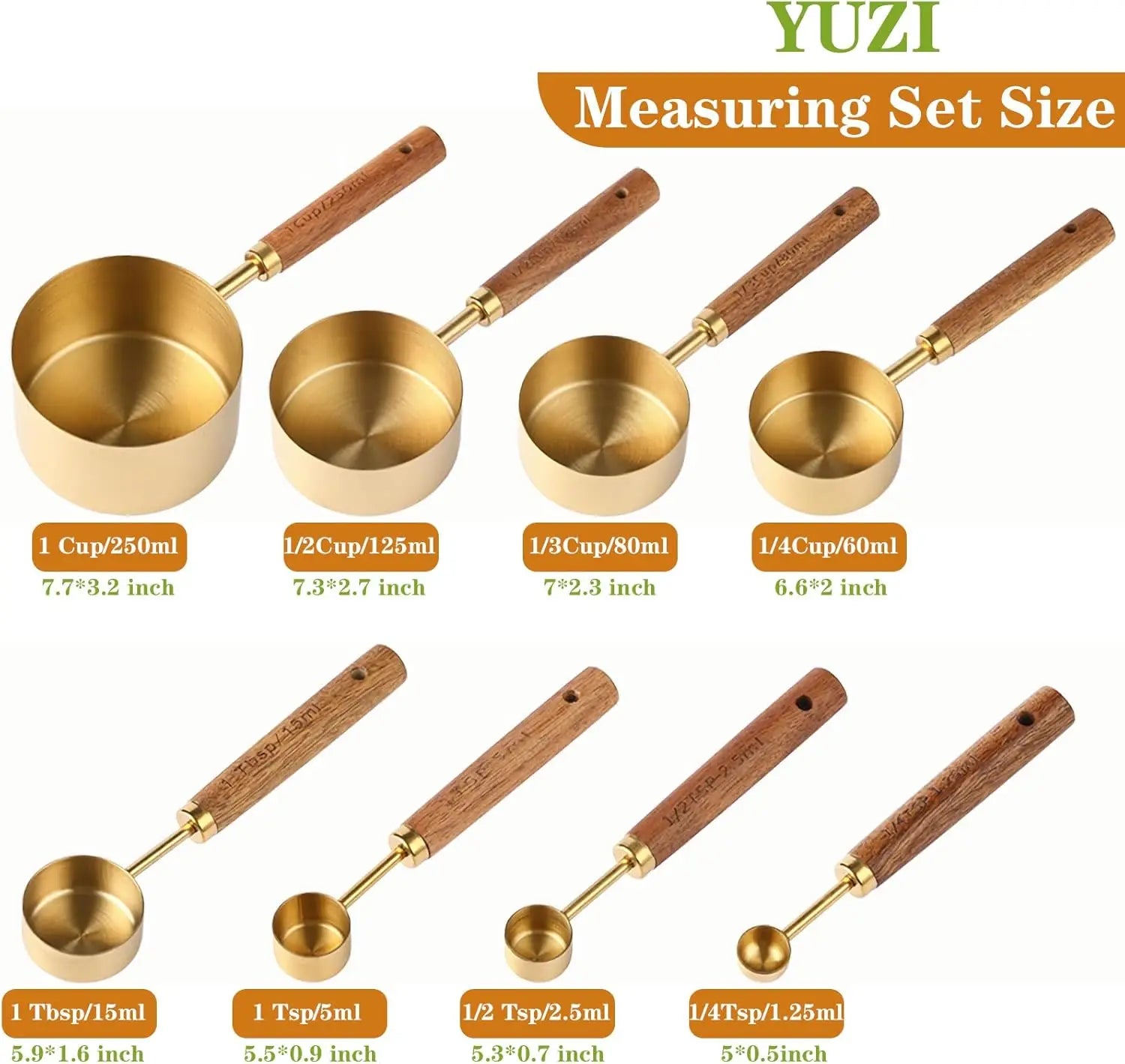 Gold Stainless Steel Measuring Cups and Spoons Set with Walnut Wood Handles