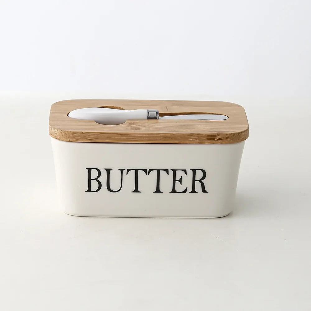 Ceramic Butter Dish with Bamboo Lid & Knife