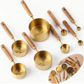 Gold Stainless Steel Measuring Cups and Spoons Set with Walnut Wood Handles