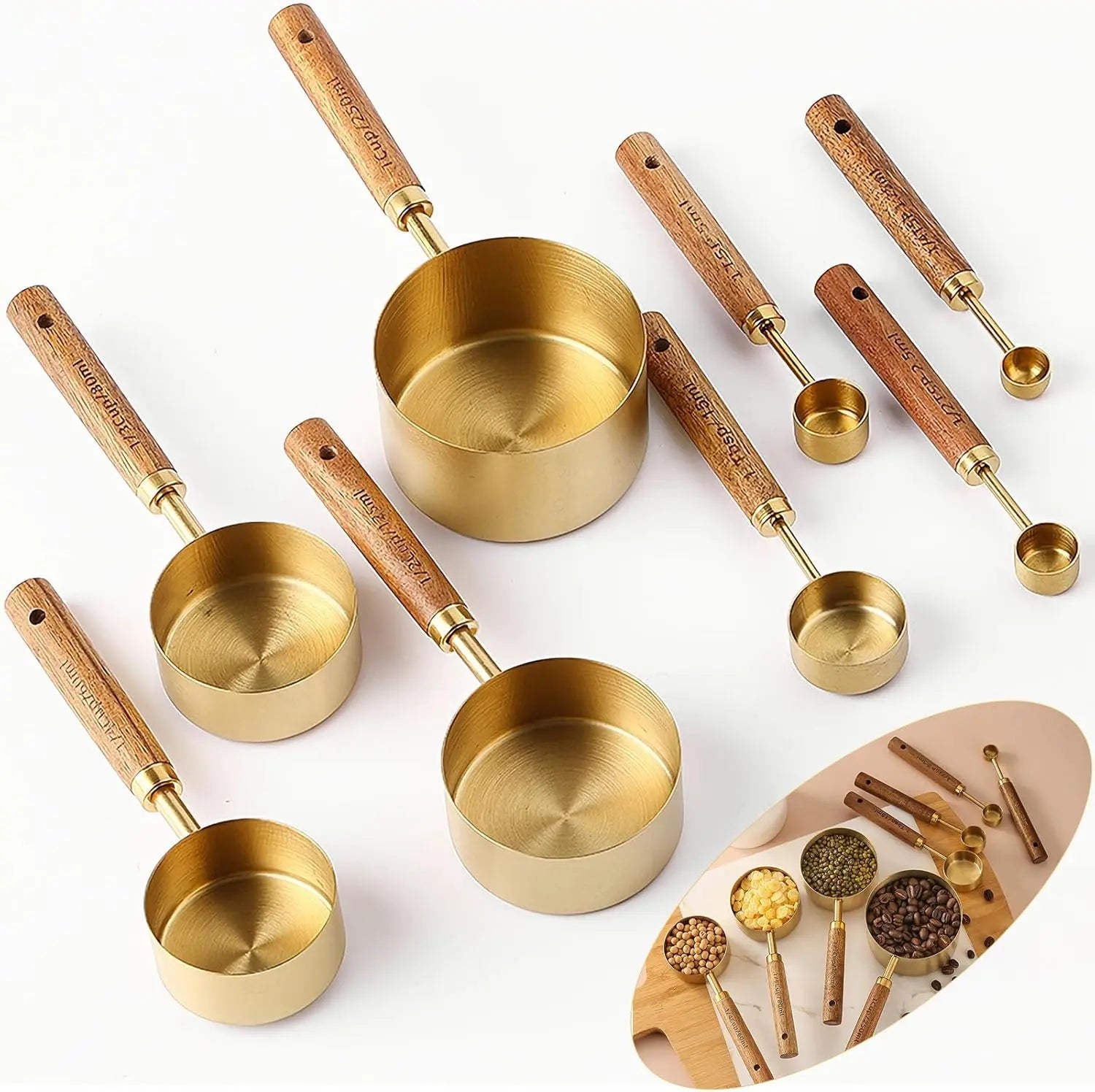 Gold Stainless Steel Measuring Cups and Spoons Set with Walnut Wood Handles