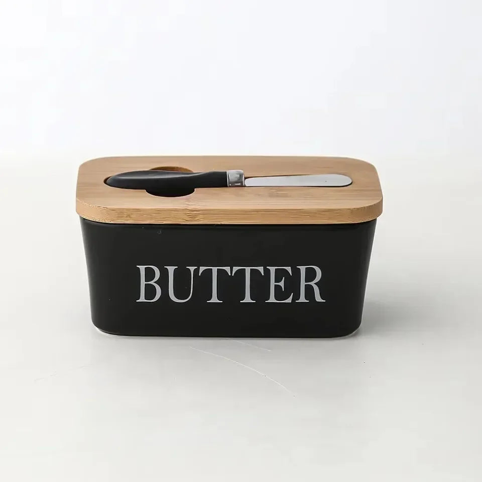 Ceramic Butter Dish with Bamboo Lid & Knife