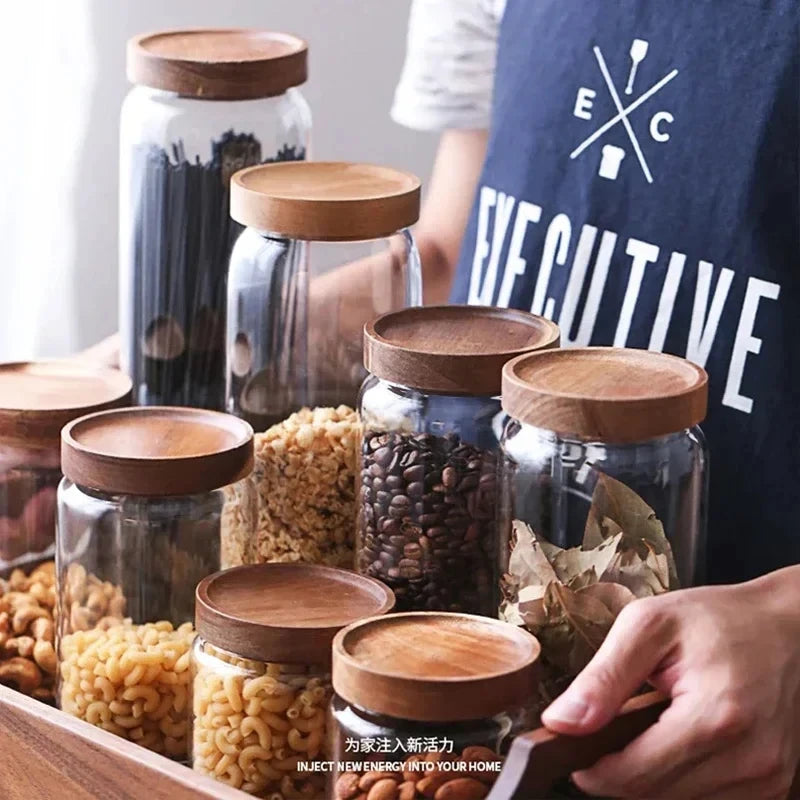 Glass Pantry Storage Jar Set with Airtight Wooden Lids